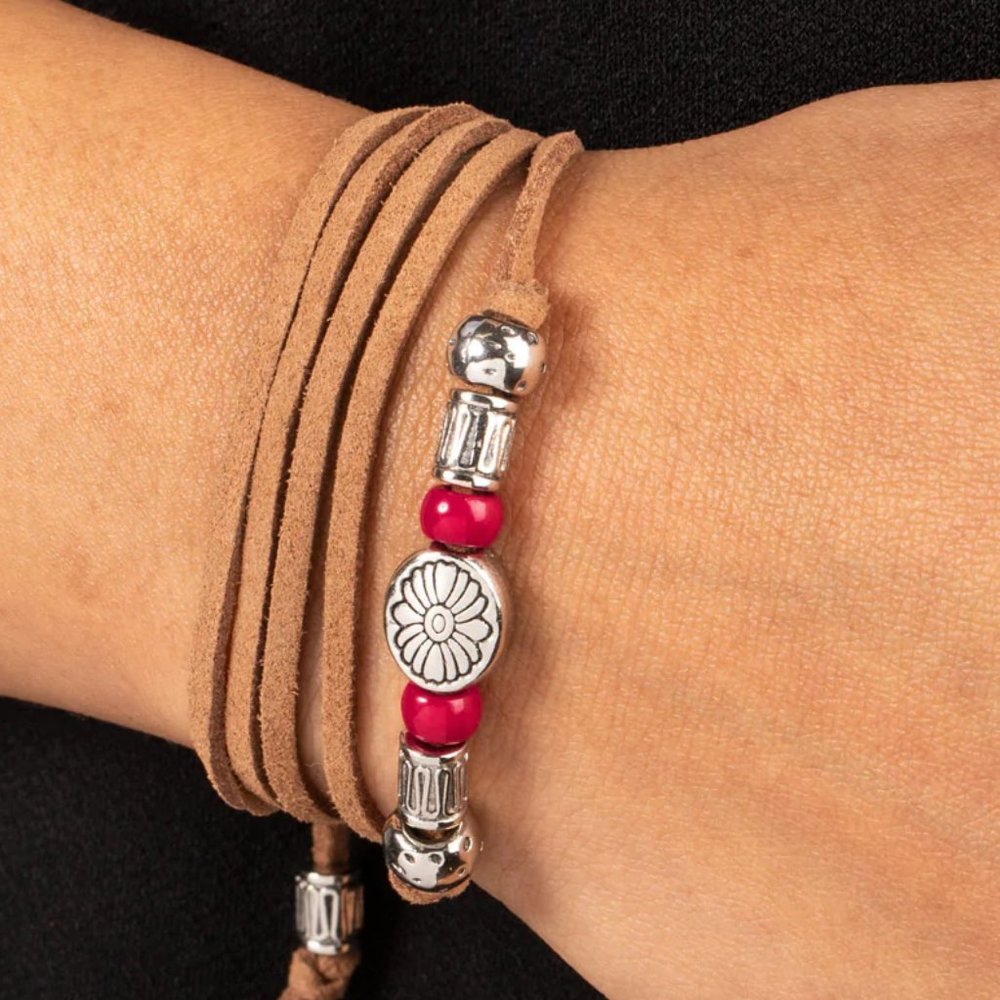 CLEAR A PATH - Pink  Stone Silver Bead Brown Suede Cord Tie Bracelet